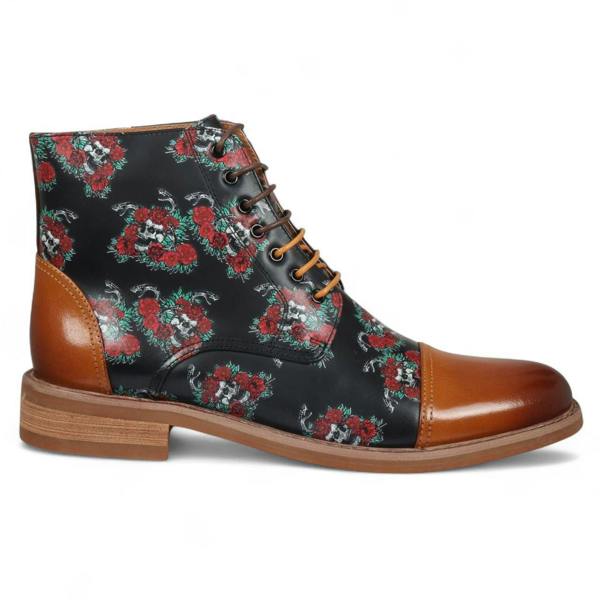 Justin Reess Men's Brown Floral Leather Oxford Ankle Boots - Adam Skull
