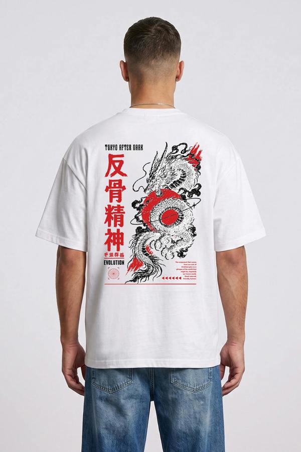 London Attitude Tokyo After Dark Dragon Oversized Heavyweight Graphic T-Shirt in White