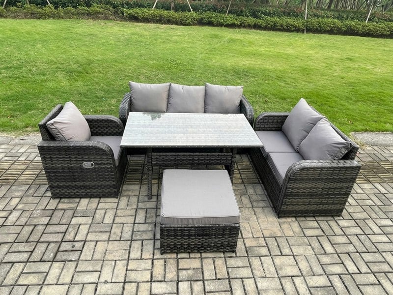 Fimous 7 Seater Garden Rattan Furniture Dining Table Sofa Set Indoor Outdoor with Reclining Chairs Big Footstool Dark Grey Mixed