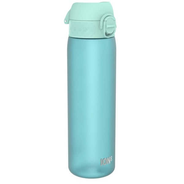 A light teal water bottle, with a light teal screw-on lid, sits against a white background. ION8 is printed on the bottle.