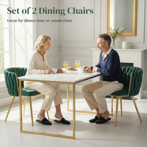 Wyld Haus Sosura Set Of 2 Dark Green Velvet Upholstered Dining Chairs With Woven Backrest