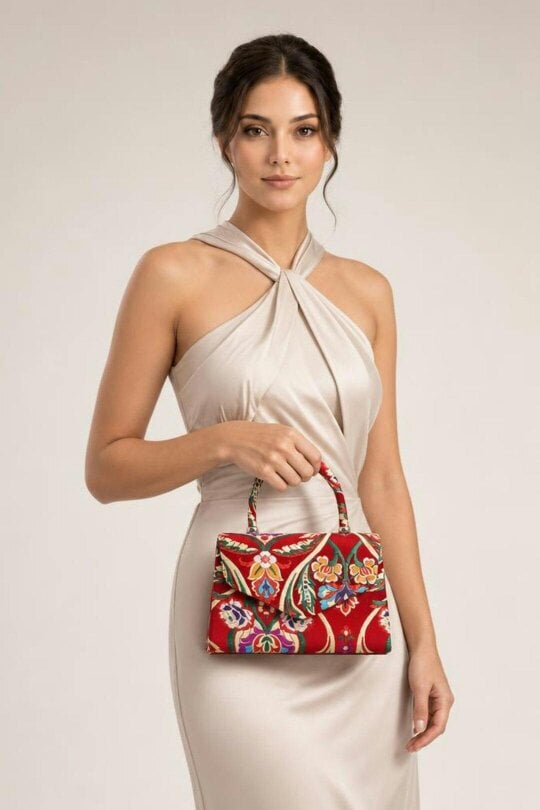 SVNX Floral Satin Embroidered Top Handle Bag in Navy