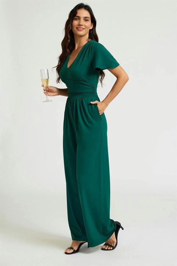 FS Collection Easy Peezy Design V-Neck Ruched Waist Jumpsuit In Green