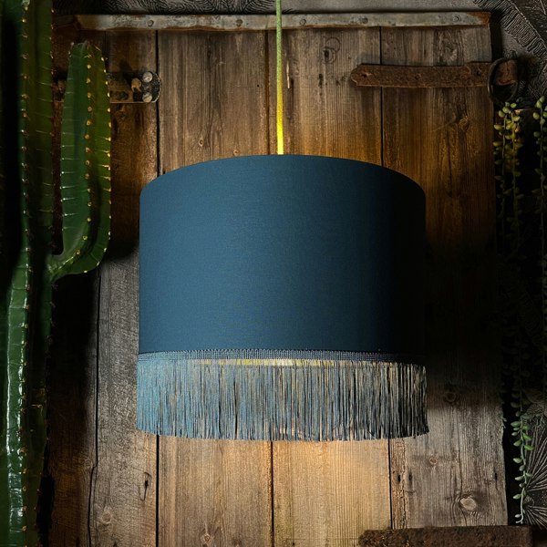 Love Frankie petrol cotton lampshade gold lining fringing light on