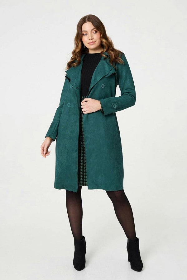 Green | Faux Suede Button Front Trench Coat
