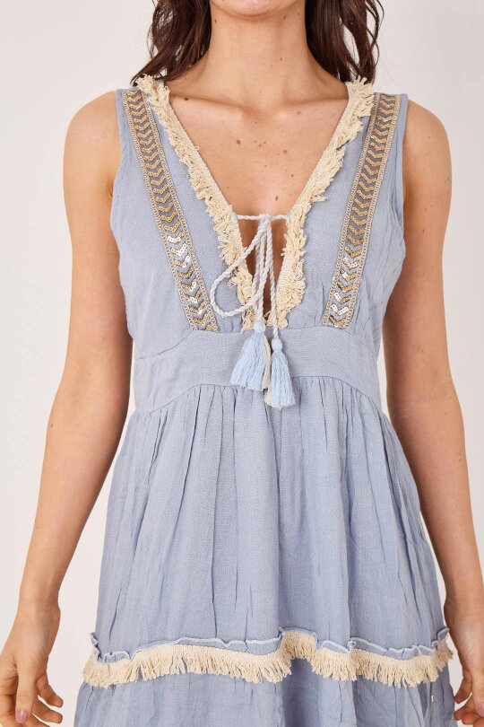 Elaina Fashion Boho Tiered Tassel Detail Dress - Light Grey