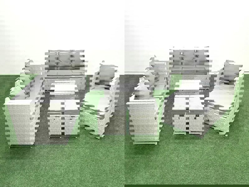 Fimous Wicker PE Rattan Sofa Garden Furniture Set with Armchair Oblong Coffee Table 3 Footstools Light Grey Mixed