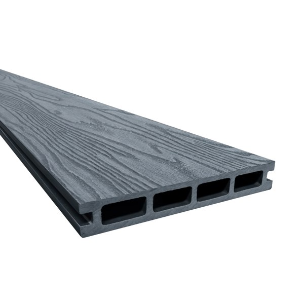 Composite decking boards in grey, featuring a textured wood grain finish, durable material, and hollow core design for lightweight strength