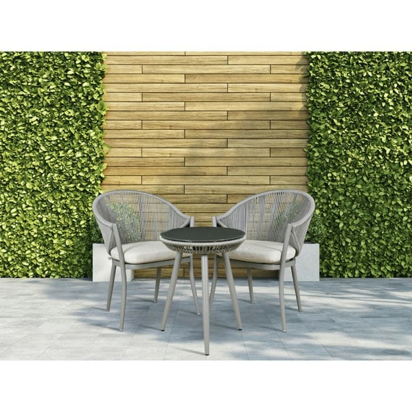 3pc Garden Bistro Set - Aluminium & Rope - Outdoor Dining Chair Round Table Grey - LoopsDirect