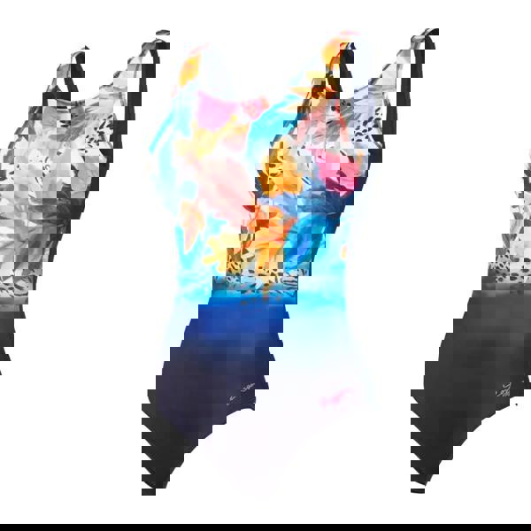 Zoggs Biarritz scoopback swimsuit in navy multi with blue orange floral leopard trim