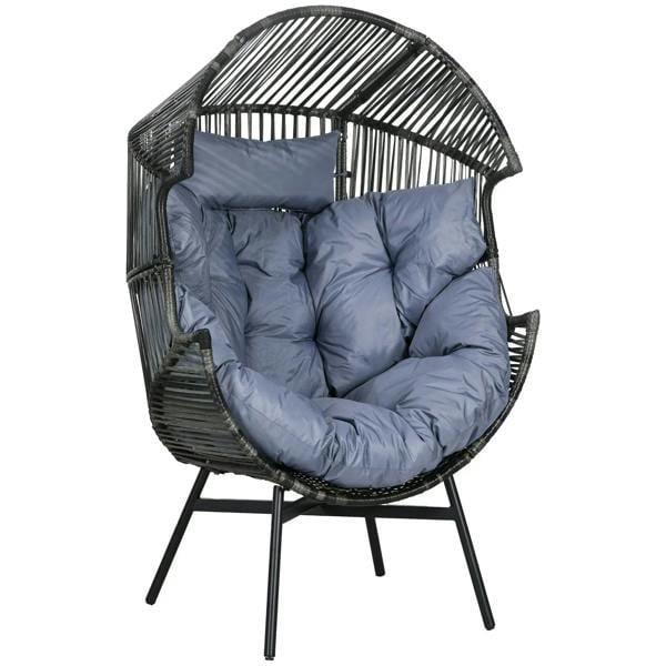 String rattan egg chair with padded seat cushion, grey cushion and dark frame
