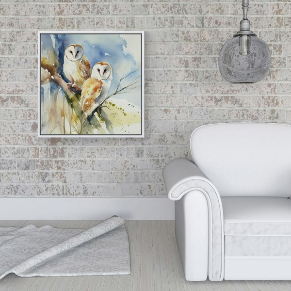 Warren Reed Barn Owls Watercolour Framed Canvas