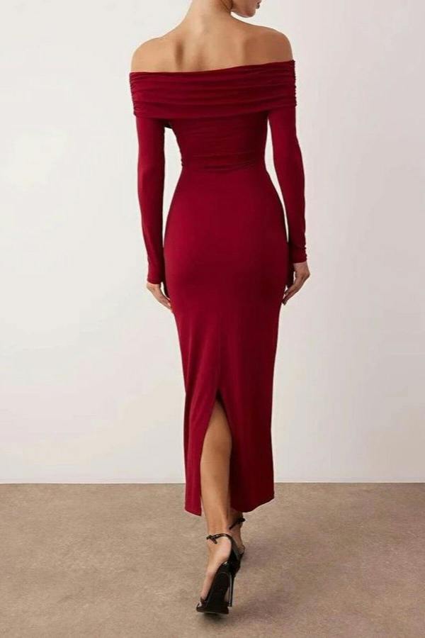WOVCOR Collar Detail Knitted Midi Unlined Evening Dress