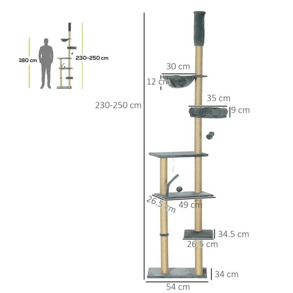 Grey floor-to-ceiling cat tree tower height and measurements diagram with stacked levels