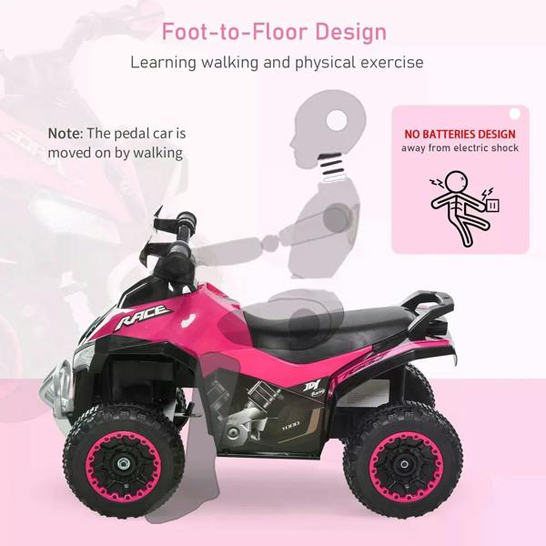 Pink foot-to-floor ride-on motorcycle toy with 4 wheels and raised seat