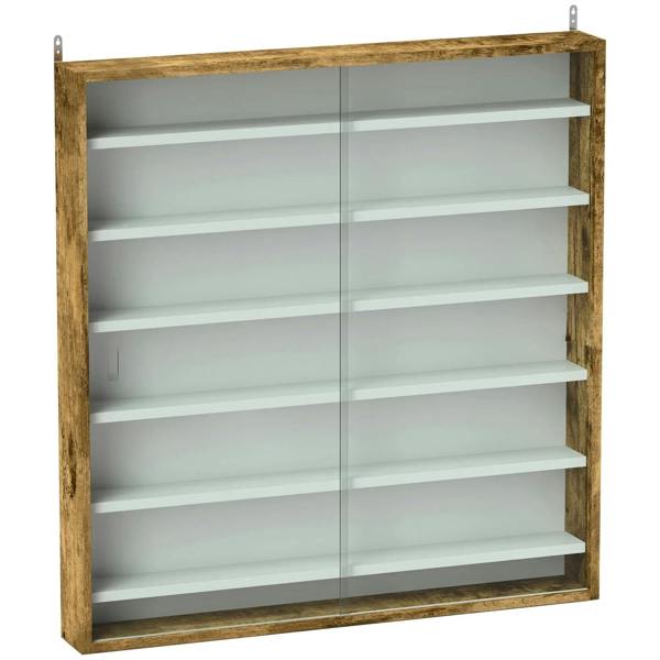 Rustic brown six-shelf display cabinet with two glass doors and open shelving