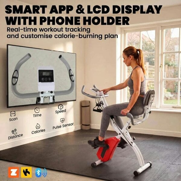 4-In-1 Folding Exercise Bike with Resistance Bands, Bluetooth App, 8-Level Magnetic Resistance, LCD Display, Orange