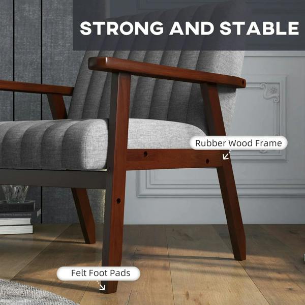 Grey accent chair with rubber wood frame and felt foot pads