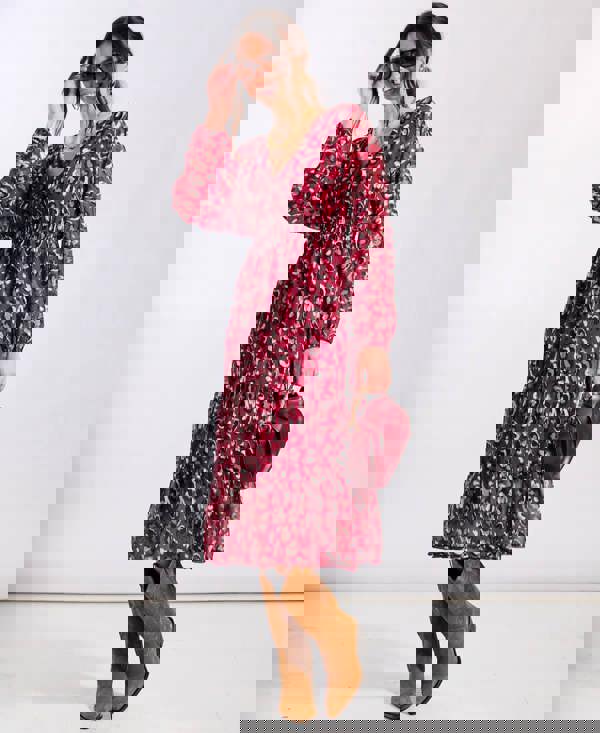 Needs No Label Red Leopard Tiered Chiffon Midi Dress