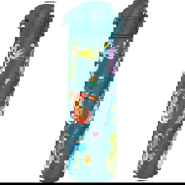 A teal water bottle features colorful illustrations of playful cartoon dragons, one breathing fire and another holding a balloon, in a whimsical, fun design.