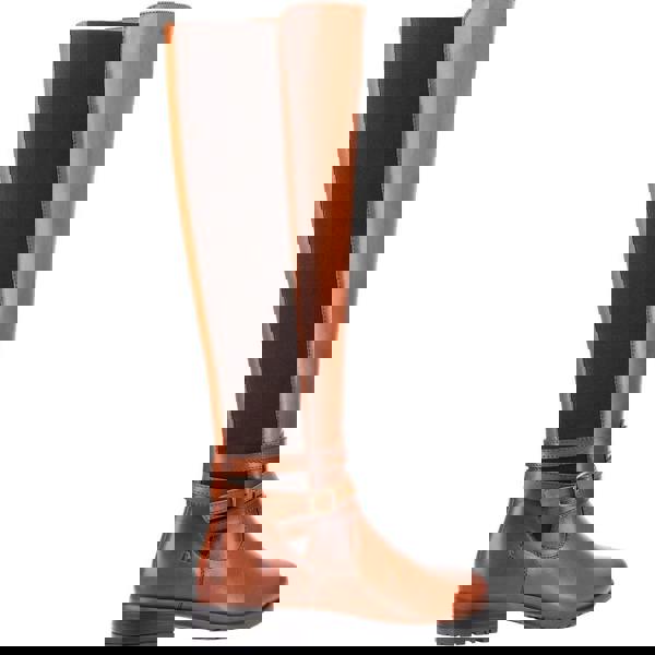 Hush Puppies Womens Vanessa Mid Calf Leather Boots, stylish tan leather riding boots with a black elastic side panel and a low heel.