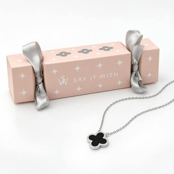 Say It With Clover Necklace Christmas Cracker - Silver & Black