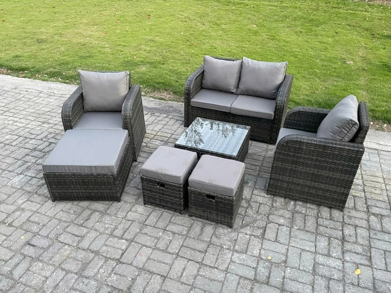 Fimous Rattan Garden Furniture Set Patio Conservatory Indoor Outdoor 7 Piece Set with Love Sofa Square Coffee Table 3 Footstools