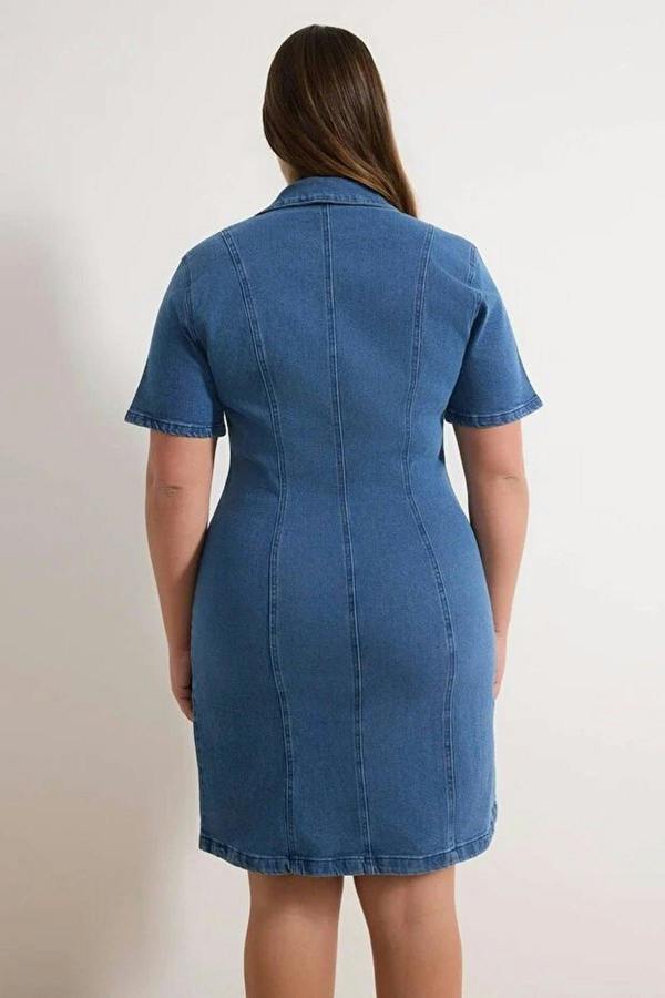 WOVCOR Front Zipper Medium Stretch Denim Plus Size Dress