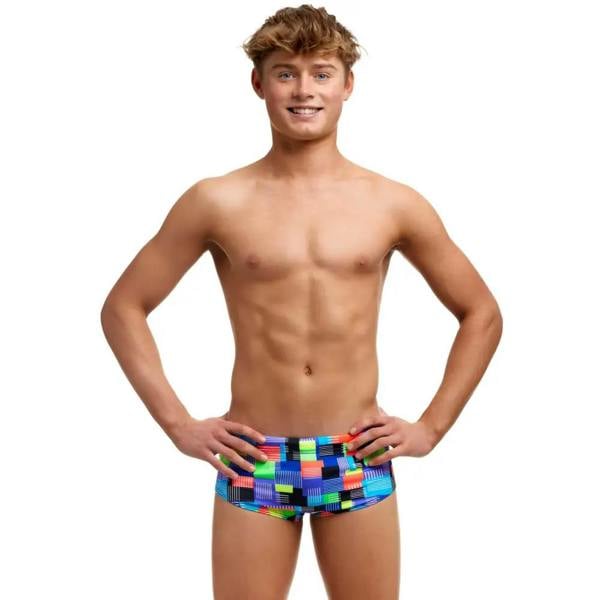 Vibrant multicolored geometric Funky Trunks Boys Chip Set Sidewinder swim trunks