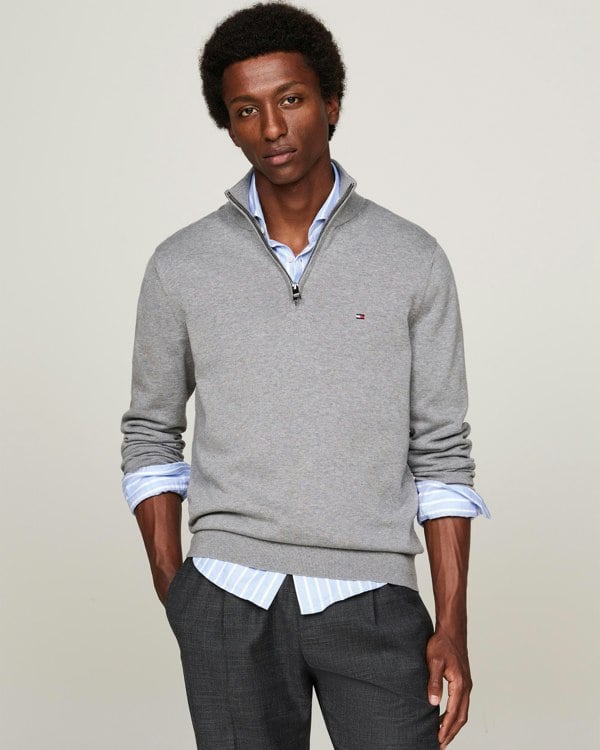 Tommy Hilfiger Essential Cotton 1/4 Zip Mock Mens Sweatshirt - Medium Grey Heather