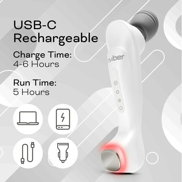 The Reviber Hot & Cold Deep Tissue Massager by Reviber is a white handheld device with a display showing USB-C Rechargeable. Charge time is 4–6 hours, run time is 5 hours. Icons include laptop, plug, USB-C cable, and charging indicators.