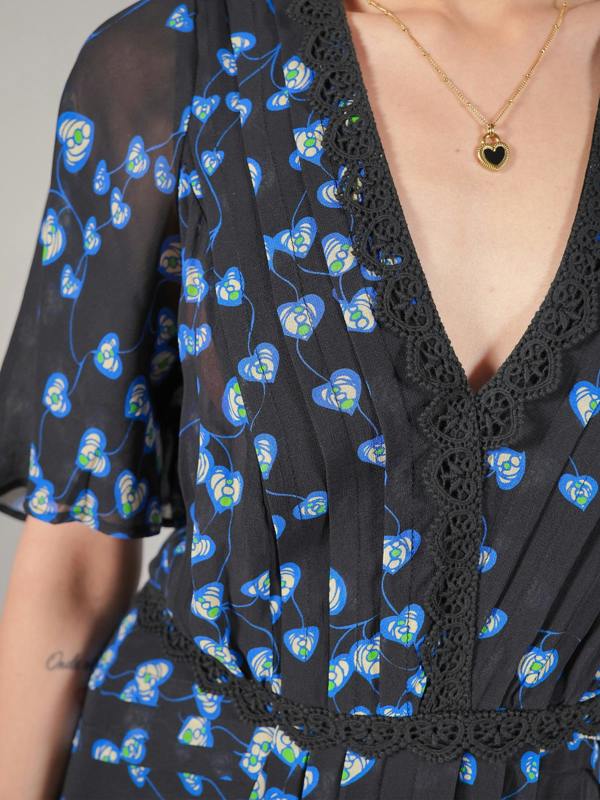 Rose & Nancy Pippa Black Blue Floral Lace trim Maxi Dress