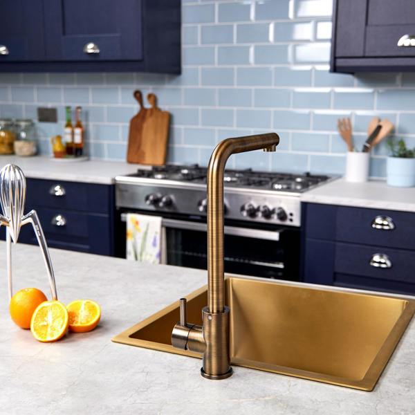 Flode Mjörn | Single Lever Kitchen Sink Mixer Tap with Swivel Spout | L Neck Design | Antique Brass Finish