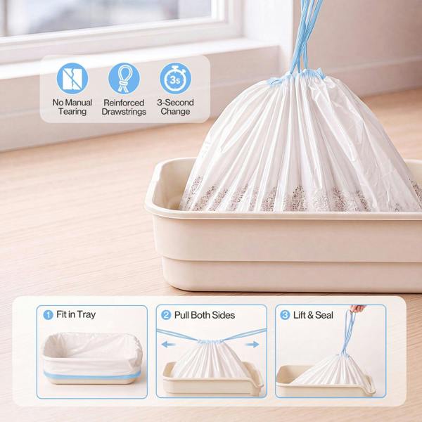 Skylos Cat Litter Bags Drawstring Tear Resistant 120 Pack Auto Litter Tray Blue