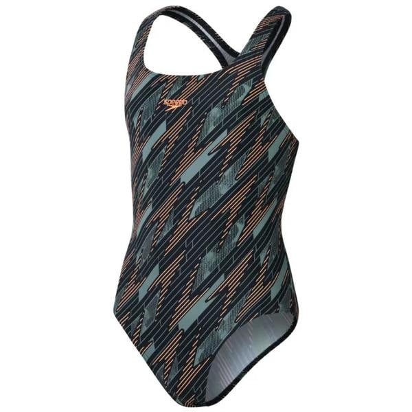 Black and green Speedo Girls Hyperboom Allover Medalist swimsuit with diagonal stripes