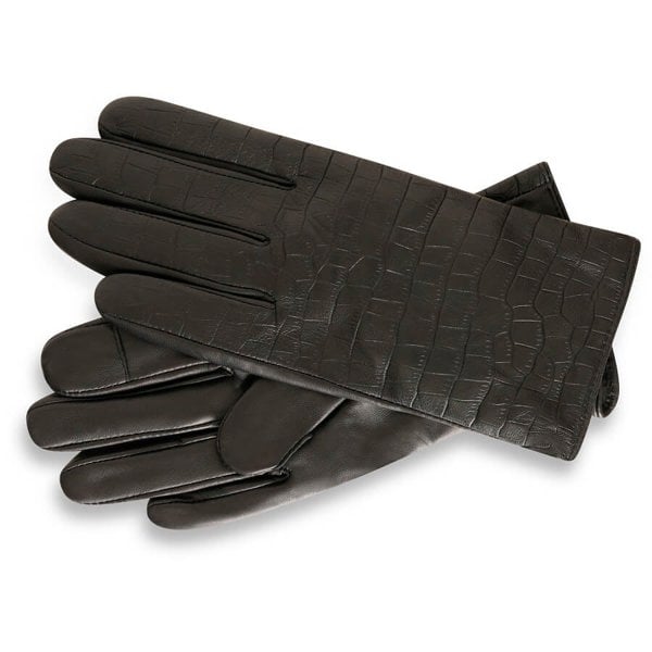 This image displays the black leather gloves with crocodile print from Barneys Originals. The gloves are shot against a white background. The gloves feature an embossed pattern on them to mimic the exotic look of a crocodile.