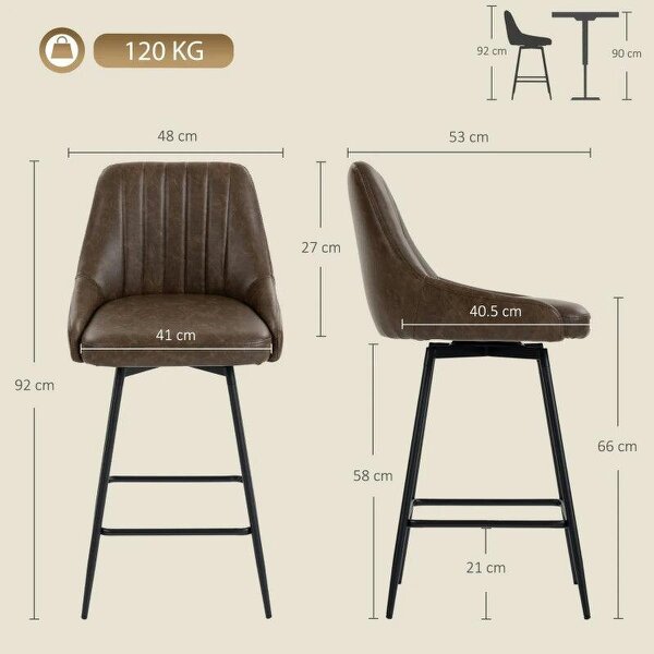 Bar Stools Set of 2, Swivel Counter Height Barstools with PU Leather, for Kitchen Island, Dining Room, Dark Brown