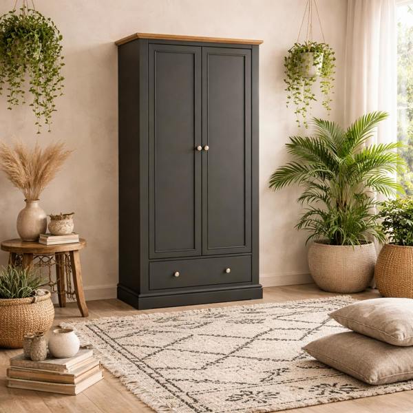 Wyld Haus Ardee Dark Grey and Natural Oak Wooden Wardrobe 2 Doors 1 Drawers
