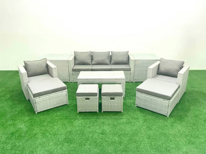 Fimous Rattan Garden Furniture Set Outdoor Lounger Sofa with Coffee Table 4 Footstools 2 Side Tables Light Grey Mixed 9 Seater