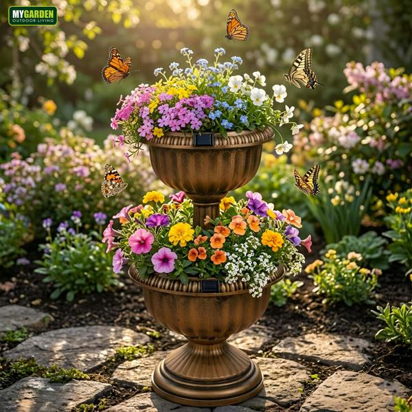 My Garden Outdoor Living MY Garden Planter 2 Tier with Solar Powered 8 LEDs-Tower Flower Planter with Bronze Antique Effect-Weather Resistant