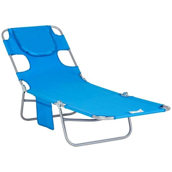 Blue foldable sun lounger with padded headrest and reading hole, steel frame