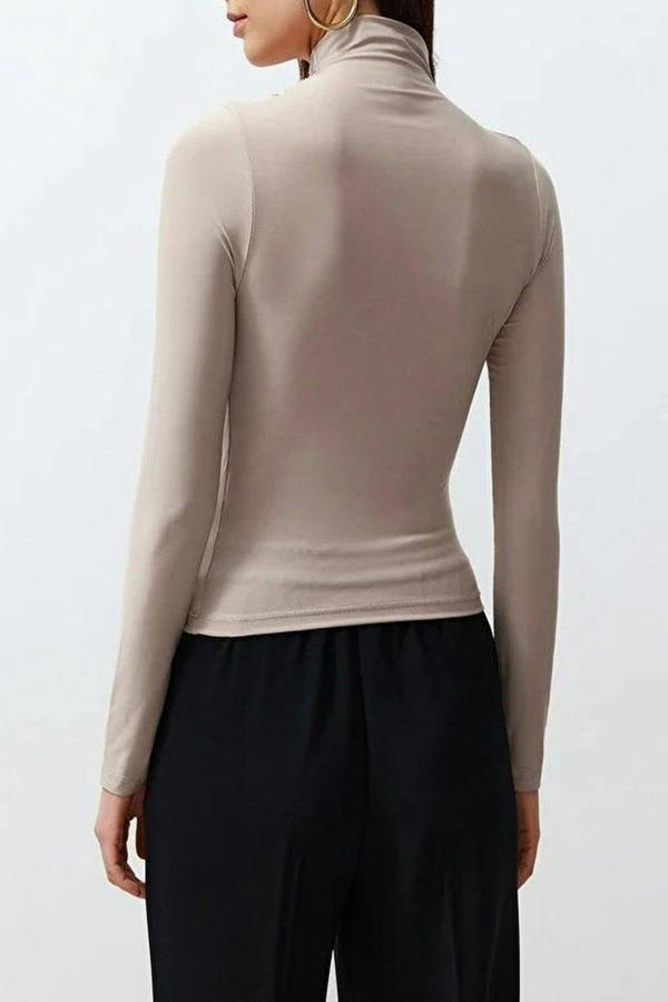 WOVCOR Draped High Neck Long Sleeve Blouse