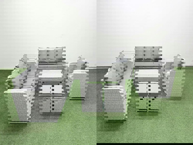 Fimous 9-Seater Poly Rattan Garden Furniture Set - Light Grey Outdoor Patio Sofa with Oblong Coffee Table & Reclining Chair