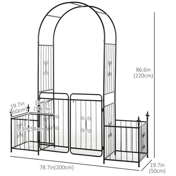 Black metal garden arbor arch with double doors and side planters, size measurements shown