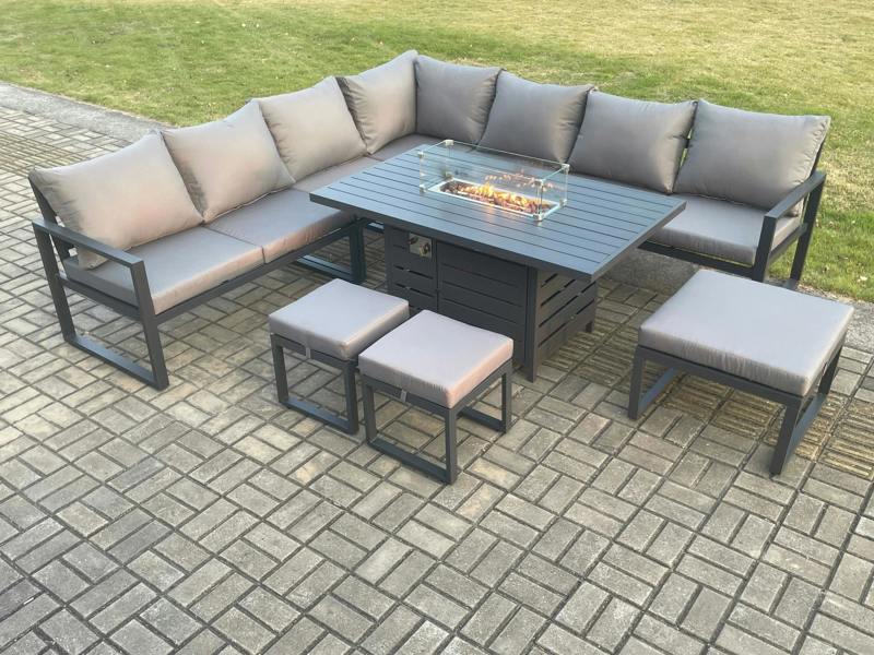 Fimous Aluminium Lounge Corner Sofa Outdoor Garden Furniture Sets Gas Fire Pit Dining Table Set with 3 Footstool Dark Grey