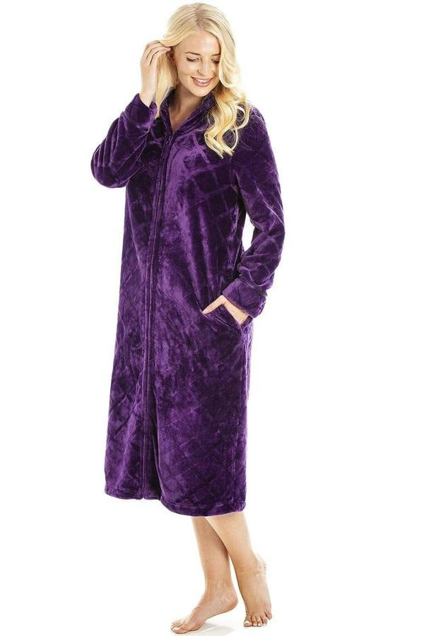 Camille Women's Housecoat Fleece Zip Robe with Inseam Pockets