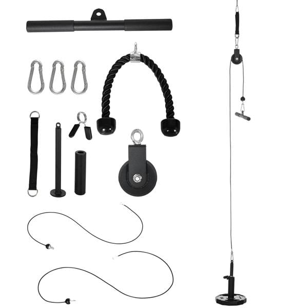 Black cable machine pulley system with rope attachments and loading weight pin