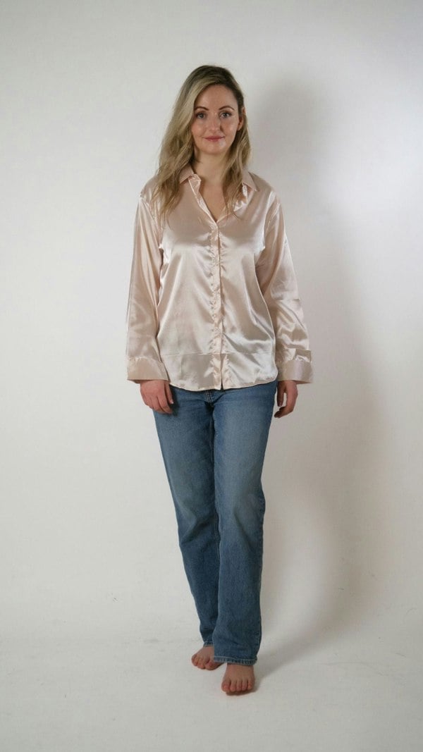 The Colourful Aura Beige Silk Satin Plain Long Sleeve Solid Print Loose Shirt