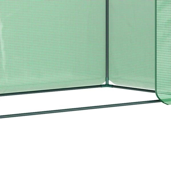 Green greenhouse bottom frame corner with mesh cover edge and steel base rail