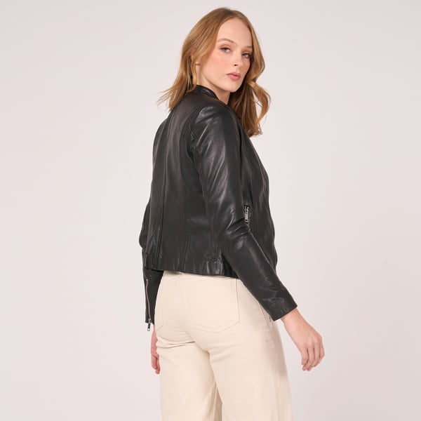 Barneys Originals Women's Tab Neck Leather Racer Jacket - Charlotte